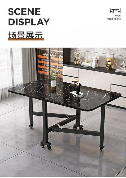 Folding dining table for small household multifunctional folding rock board table rectangular living room movable dining table