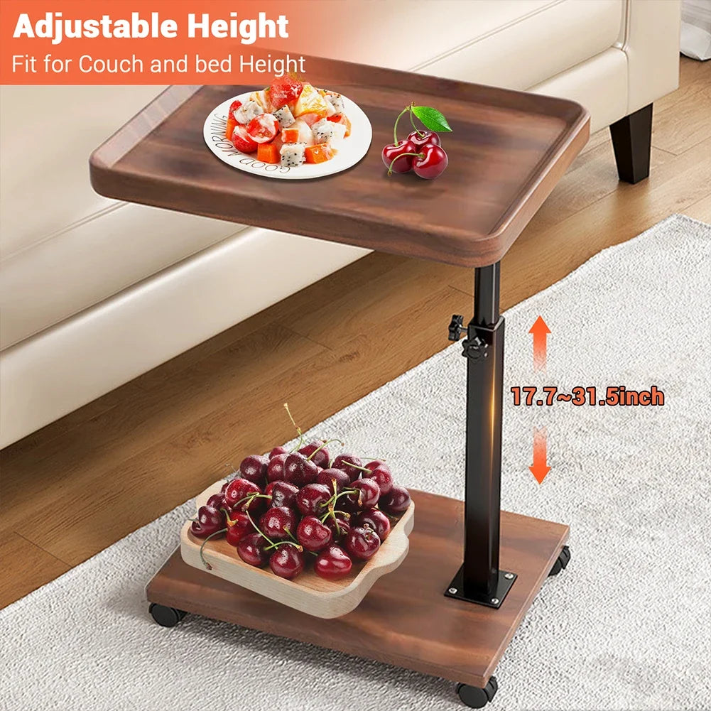 Adjustable C Table With Wheels, 360° Swivel Tv Tray & Storage For Couch, Bed, Living Room, Mobile Locking Snack Table