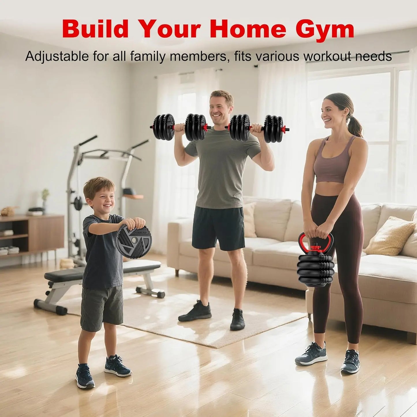 5-in-1 Adjustable Dumbbell Set Converts to Barbell & Kettlebell, 10-90lbs for Home Gym Workout