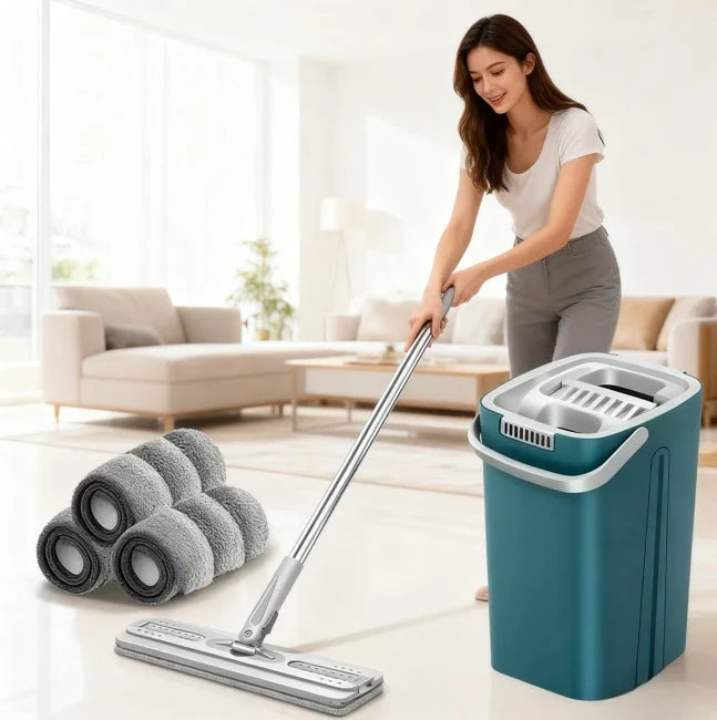 Hands-free Flat Floor Mop Bucket - Microfiber Magic Cleaning Tool with Squeegee Scalable Wet Dry Use for Home Kitchen Household