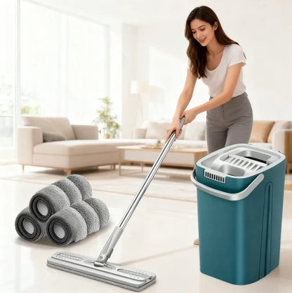 Hands-free Flat Floor Mop Bucket - Microfiber Magic Cleaning Tool with Squeegee Scalable Wet Dry Use for Home Kitchen Household