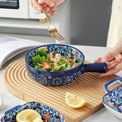 Bohemian Ceramic Hand-Painted Embossed Patterned Salad Bowl with Handle Kitchen Bakeware Microwave & Oven Safe 1 pc