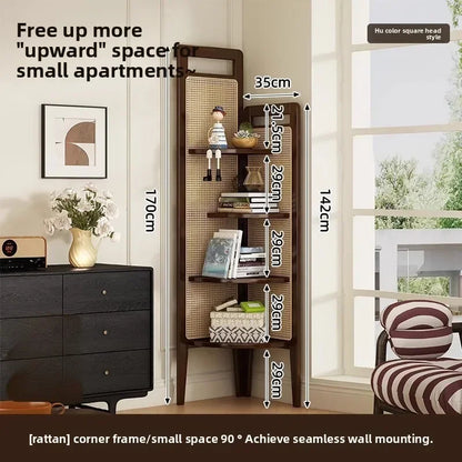 Retro bookshelf triangular corner cabinet rattan weaving living room screen partition study storage bedroom corner cabinet