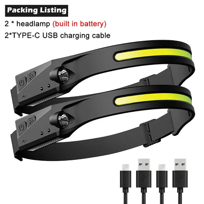 Induction Headlamps COB LED Sensor Head Lamp Built-in Battery Flashlight USB Rechargeable Head Torch 5 Lighting Modes Headlight