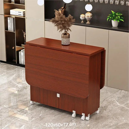 Folding dining table household multifunctional belt wheel movable rectangular restaurant dormitory dining table