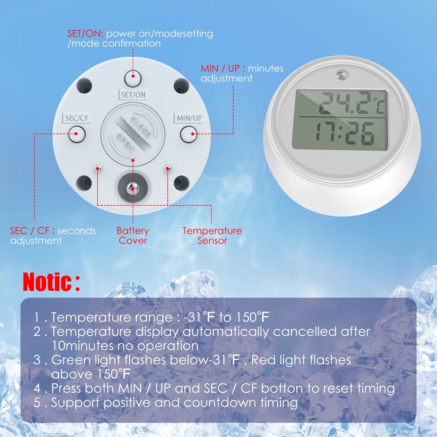 1/2Pcs Ice Bath Thermometer with Timer Small Floating Waterproof Thermometer with Clear Display Flashing Light for Hot-Cold Bath