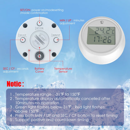 1/2Pcs Ice Bath Thermometer with Timer Small Floating Waterproof Thermometer with Clear Display Flashing Light for Hot-Cold Bath