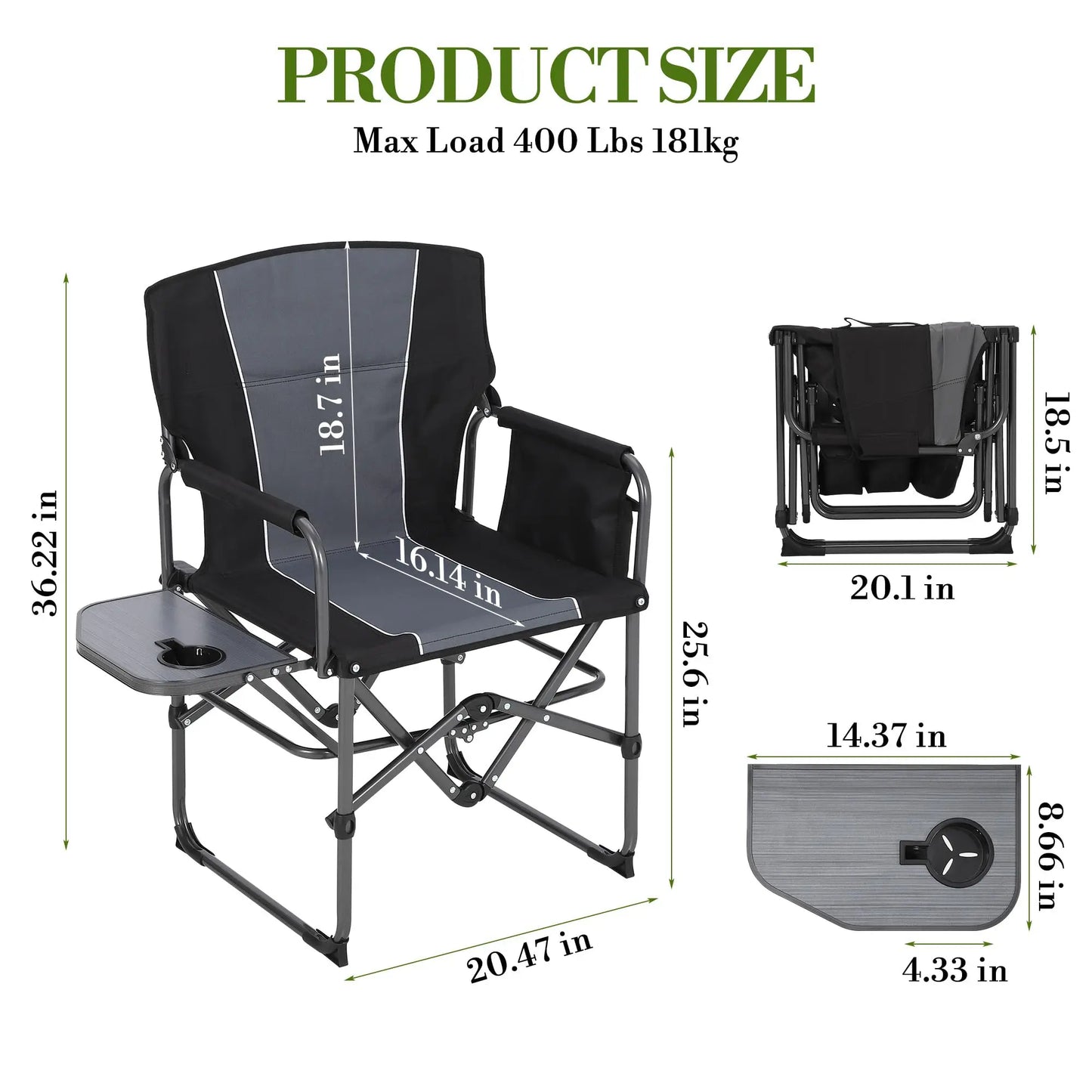 Oversized Folding Director Chair Heavy Duty 400LBS Portable Camping Chair With Side Table Pockets Outdoor Seat For Lawn Fishing