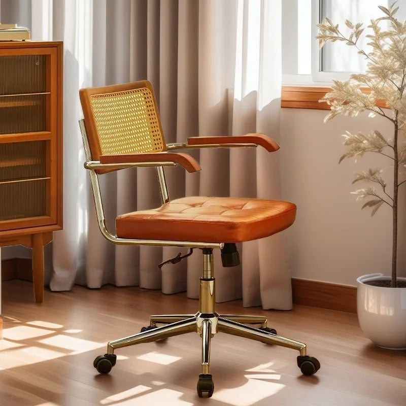 Rattan solid wood office chair Internet celebrity retro rattan chair computer chair home lift swivel chair student study chair