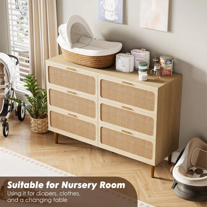 6-Drawer Rattan Dresser, Natural Hand-Woven Rattan & Wood Large Storage Dresser With Deep Drawers For Bedroom Living Room