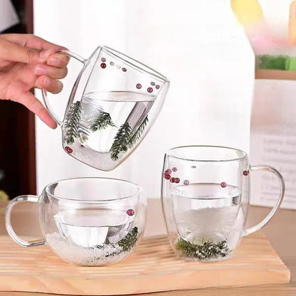 200/350ML Christmas Mug Double Wall Glass Cup Snow Scene Coffee Cup Heat Resistant Juice Milk Glass Water Cup ‌Christmas Gift