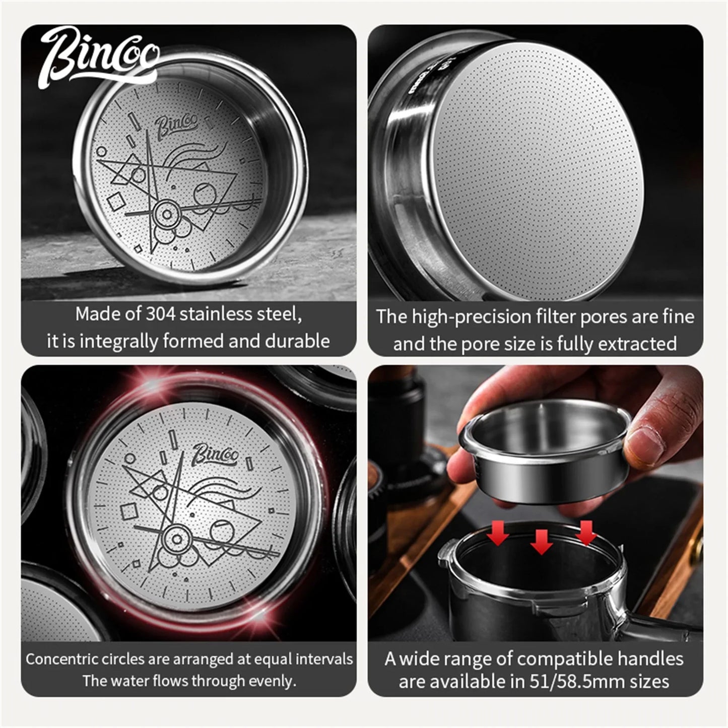 BINCOO High Precision Filter Basket 51/58.5mm, Portafilter Basket 16/18/20g Espresso Machine Extraction Powder Bowl CoffeeHandle