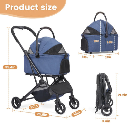 3 in 1 Dog Stroller, Upgraded Frame, Up to 44lbs Pet Stroller with Dog Poop Bags & Dispenser, Zipperless Entry, Storage Basket &
