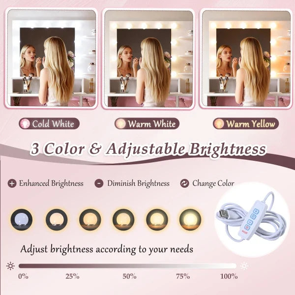Vanity Desk with Glass Top and 11 Bulbs, 3 Color Lighting Modes, Makeup Vanity with Pink Finish