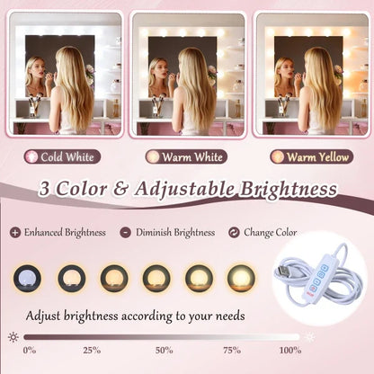 Vanity Desk with Glass Top and 11 Bulbs, 3 Color Lighting Modes, Makeup Vanity with Pink Finish