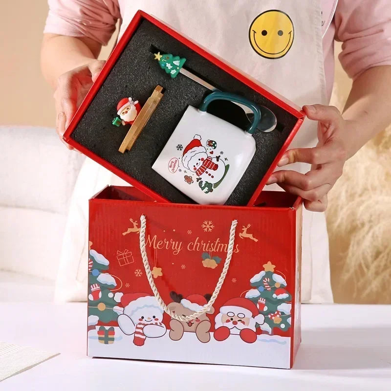 New Year Festive Christmas Xmas Theme Ceramic Mug Cup Set with Spoon and Lid Christmas Gift Box Mug Milk Coffee Tea Breakfast