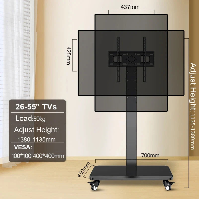 Floor TV Stand with Power Outlet, Universal TV Stand for 26-65 inch TVs up to 110 lbs, Height Adjustable TV Stand with Swivel