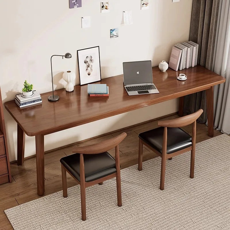 Double desk with solid wood legs, long and simple, for home use, near a window or wall, narrow table/workbench