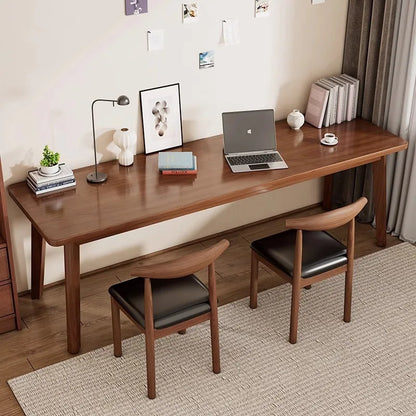 Double desk with solid wood legs, long and simple, for home use, near a window or wall, narrow table/workbench