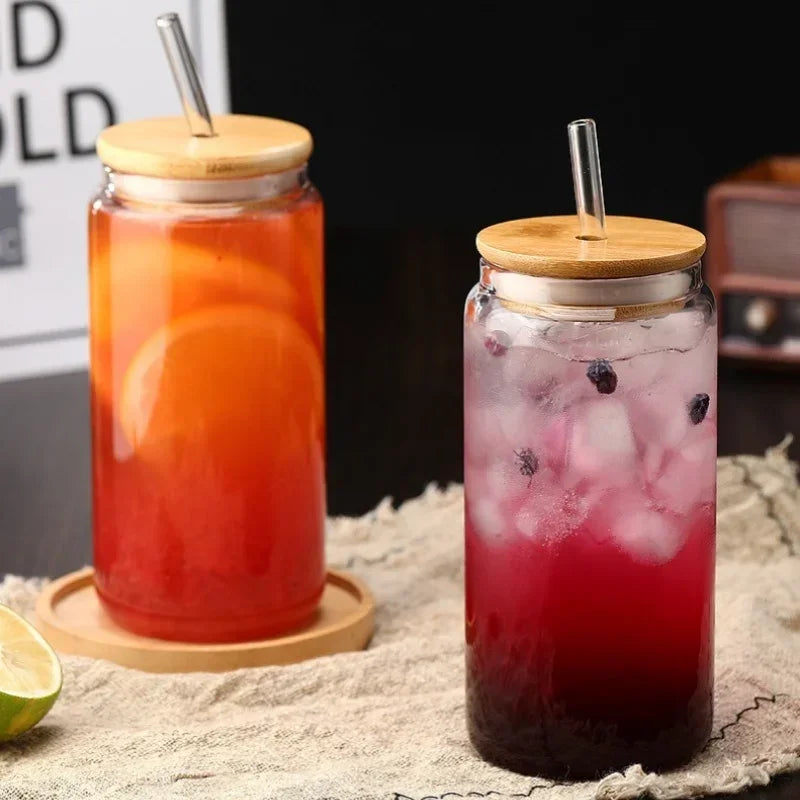 450ml/550ml Transparent Glass Cup with Wooden Lid and Straw Home High Borosilicate Glass Juice Cup Water Cup Drinking Utensils
