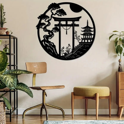 Fashion New Elegant Japanese Bird & Torii Gate Metal Wall Art, Easy-to-Hang Sparrow Door Sculpture for Modern Home Office Decor