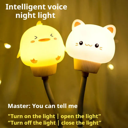 USB Night Light LED Voice Control Cute Cartoon Night Lamp Bear Kitten Remote Control for Baby Kid Bedroom Decor Bedside Lamp