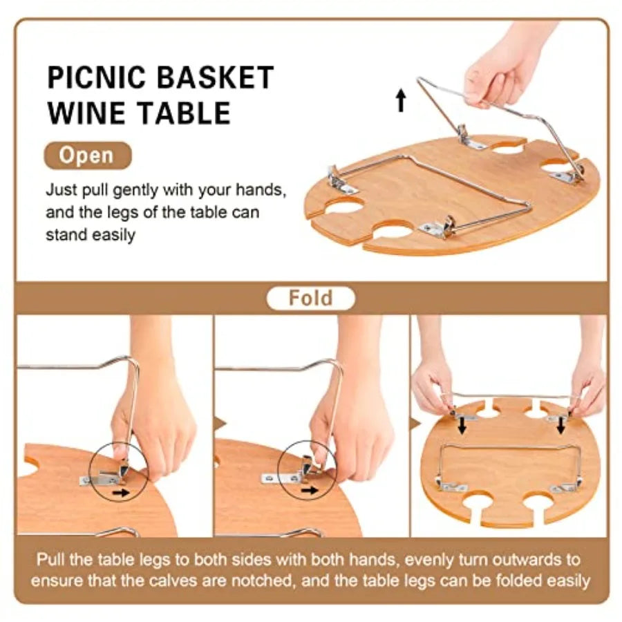 Picnic Basket for 4 Insulated Wicker Hamper with Folding Table Willow Picnic Baskets Set with Large Insulated Cooler Bag for Ca