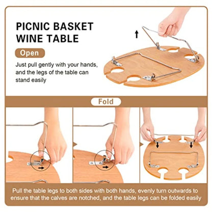 Picnic Basket for 4 Insulated Wicker Hamper with Folding Table Willow Picnic Baskets Set with Large Insulated Cooler Bag for Ca