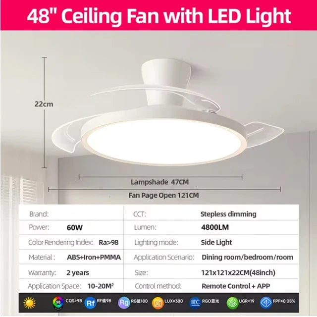 Modern Ceiling Fan Lamps silent invisible 3 folding blades blade LED lights Living room dining room Bedroom study AC95-260V