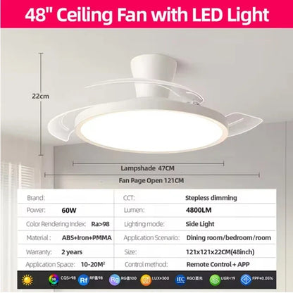 Modern Invisible LED Ceiling Fan Lights DC motor Large Air Volume 4 folding blades Lamps for Living room Bedroom Dining room