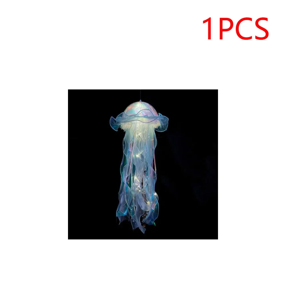 Jellyfish Colorful Nightlight Button Battery Hanging Ceiling Lantern with Ribbon&Bead LED Bulbs for Children Bedroom