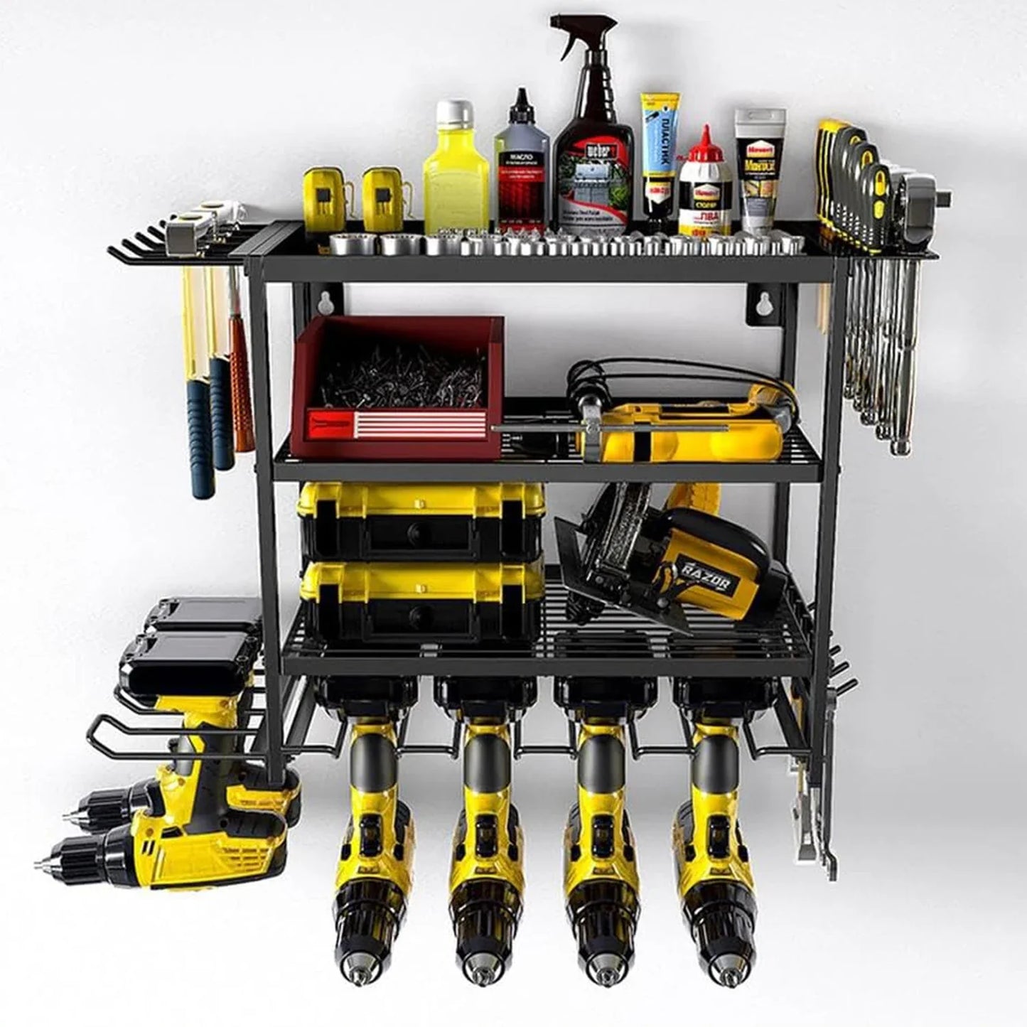 Power Tool Storage Wall Mounted Rack 4 Layer Power Drill Tool Holder Heavy Duty Tool Shelf for Garage, Workshop