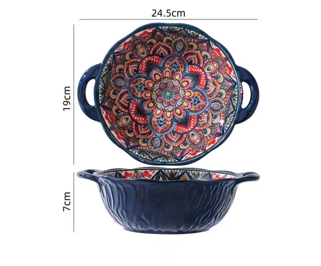 Bohemian Style Ceramic Soup Bowl with Handle Microwave Safe Embossed Design Great for serving soups salads ramen noodles