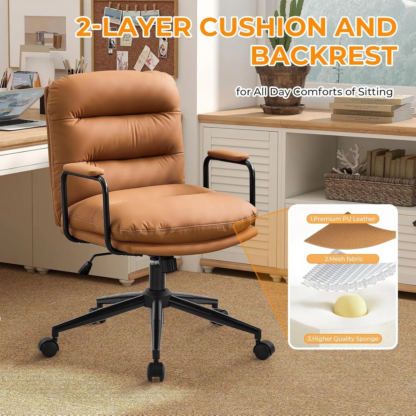 Leather Home Desk Chair, Comfortable Executive Office Chair with Wheels, Ergonomic Computer Task Chair Adjustable Height, Brown