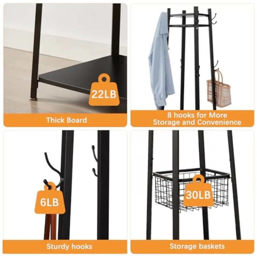 Coat Rack FreestandingHall Tree with Metal Basket and Storage Shelves Industrial Coat Rack Stand with 8 Hooks for Hanging Coats