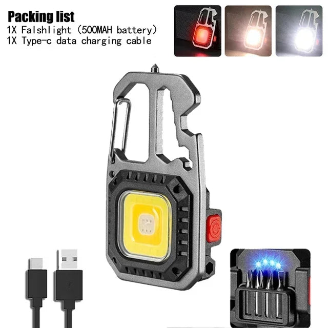 COB Keychain Work Light with Battery Display 8 Mode Rechargeable High Lumens Portable LED Light for Camping Hiking Running