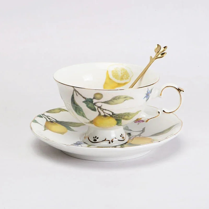 Europeanc Style Ceramic Dining Plate Elegant Lemon Pattern Dinner Steak Plate Coffee Cup Set Western Cuisine Dessert Plate