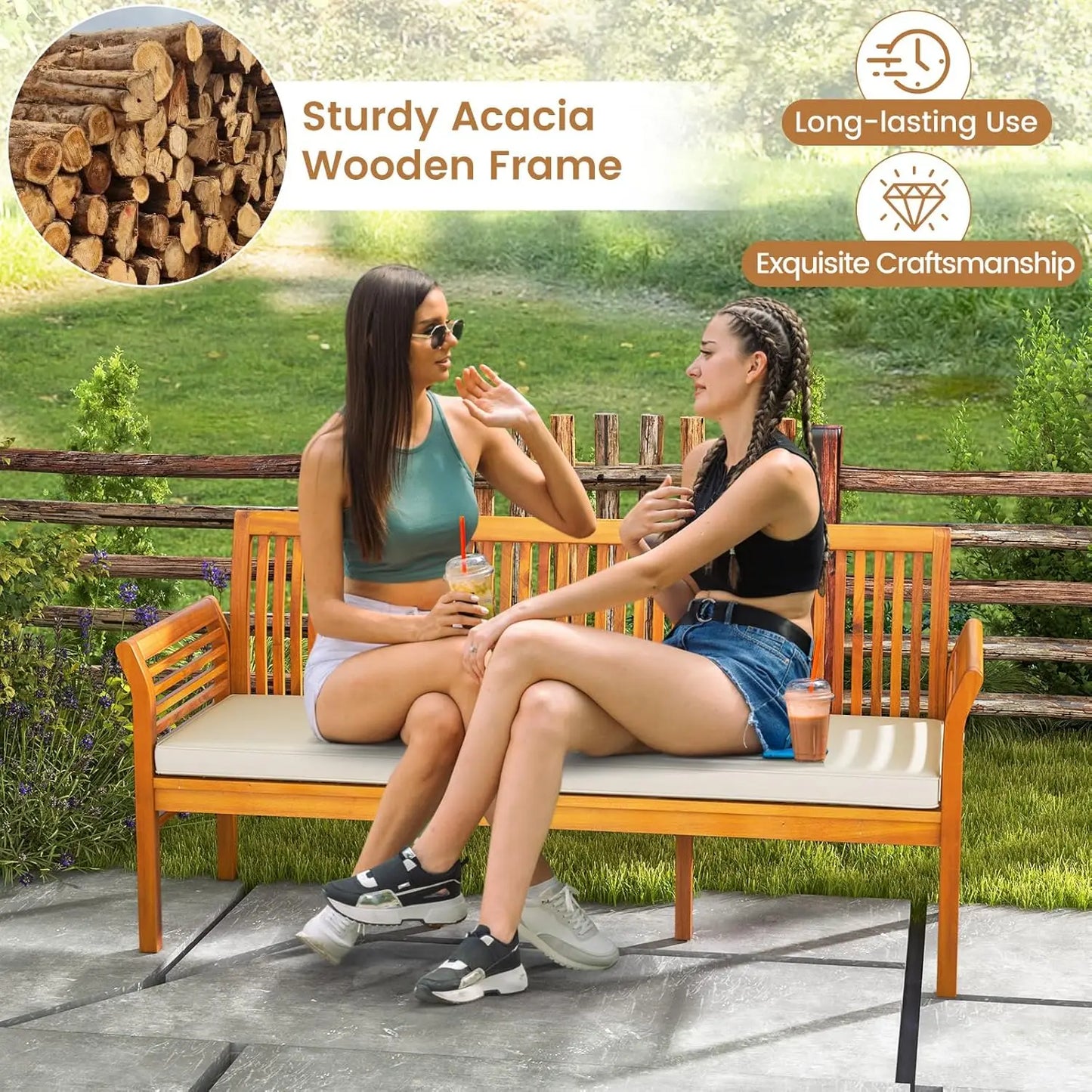 Wooden Outdoor Bench with White Cushion, Garden Bench with Curved Armrest & Slatted Back for Patio, Park & Porch