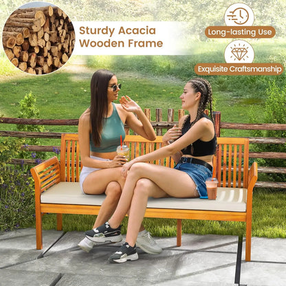 Wooden Outdoor Bench with White Cushion, Garden Bench with Curved Armrest & Slatted Back for Patio, Park & Porch