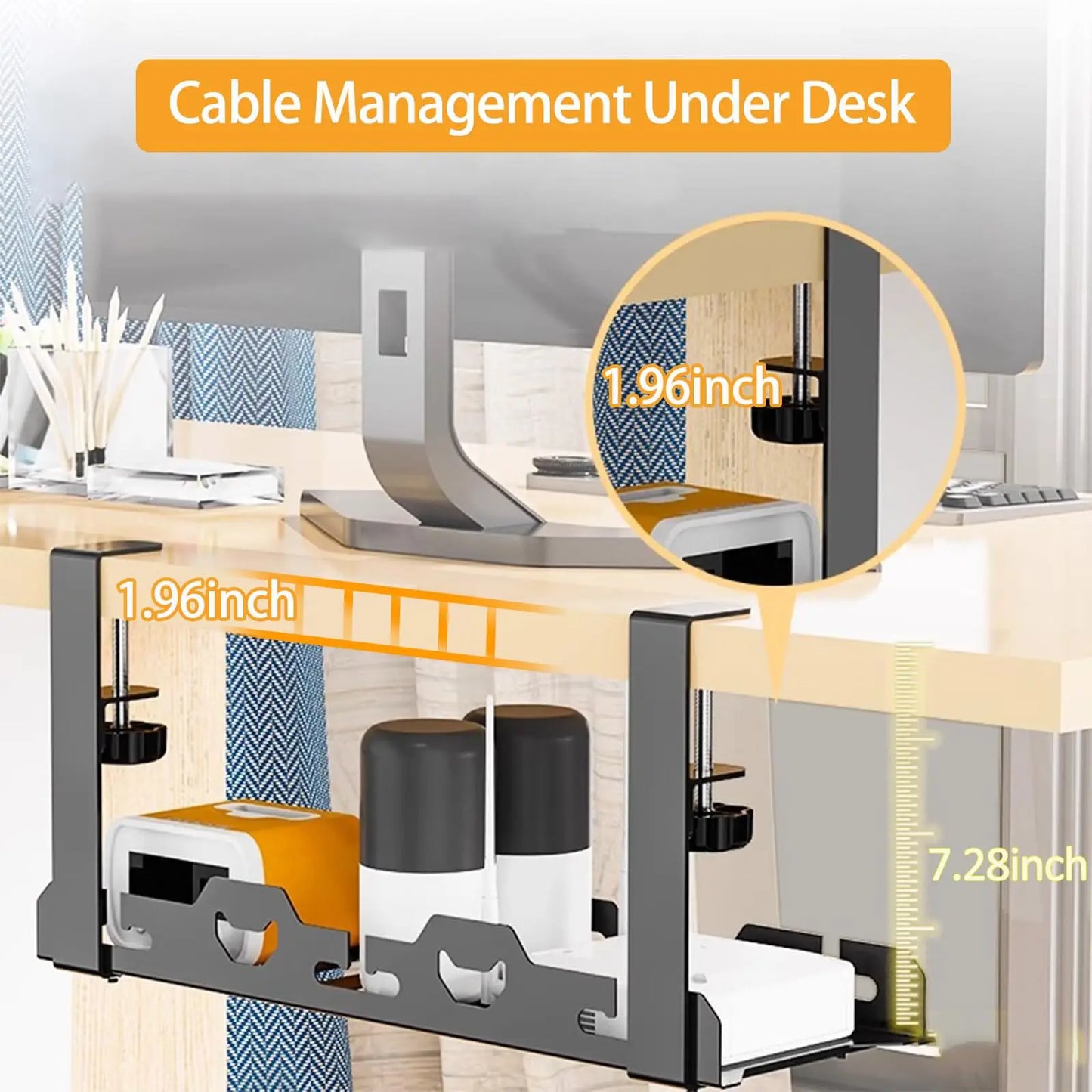 No Drilling Extendable Under Desk Cable Management Metal Cable Tray Under Desk With Clamp Retractable Power Strip Cord Holder