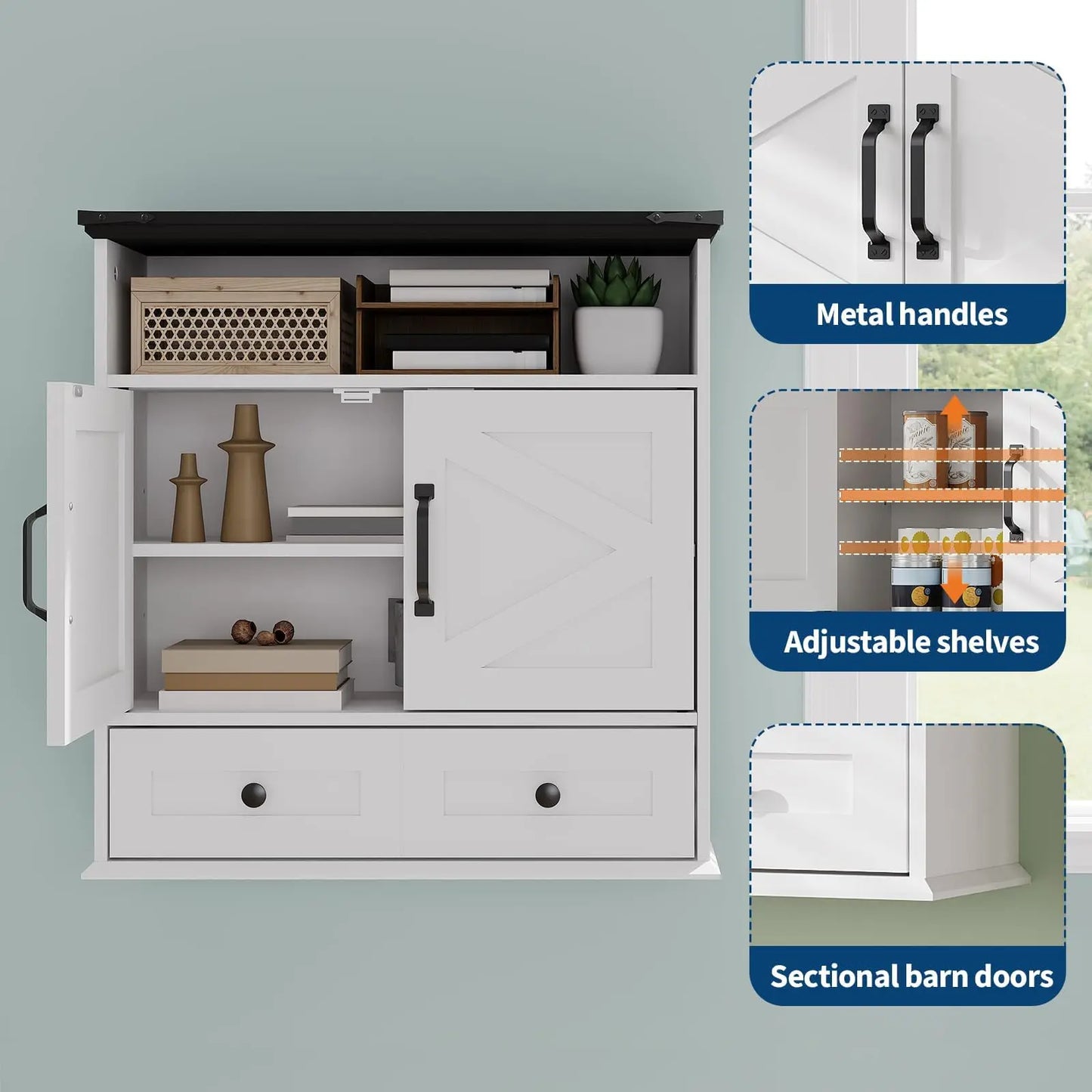 Wall Mounted Farmhouse Medicine Cabinet Over Toilet Storage With Barn Doors Adjustable Shelves Removable Drawer Bathroom Cabinet