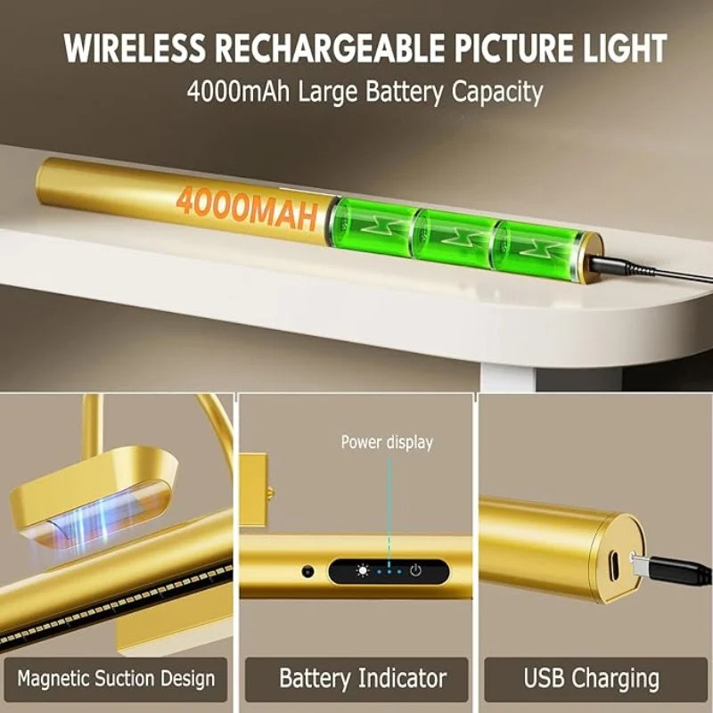 4000mAh Led Rechargeable Wall Lamp Modern Remote Control 3 color Dimming Gold Bathroom Mirror Light Aluminum Picture Lights