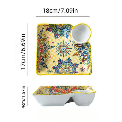 Bohemian dumpling plate with vinegar dish, household ceramic plate, segmented breakfast plate, high-end dumpling-specific plate
