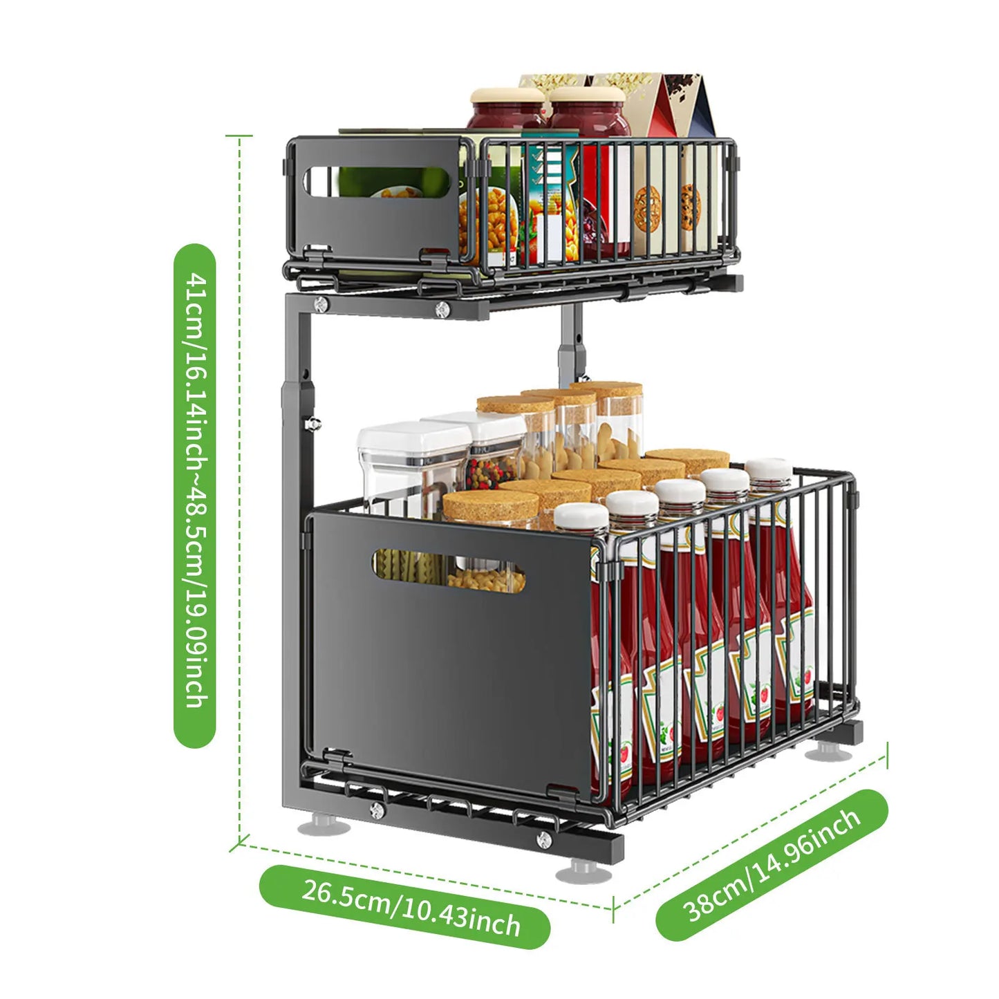 2-Tier Height Adjustable Under basin Organizer with Sliding Mesh Drawers Metal Pull Out Rack Shelf for Kitchen, Bathroom, Pantry