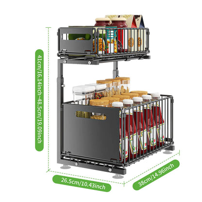 2-Tier Height Adjustable Under basin Organizer with Sliding Mesh Drawers Metal Pull Out Rack Shelf for Kitchen, Bathroom, Pantry