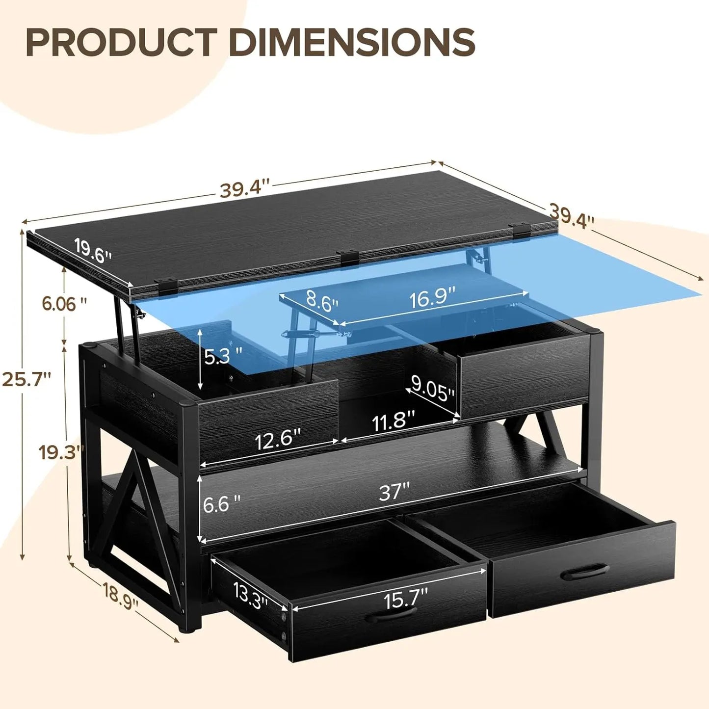 40" Lift Top Coffee Table,4 in 1 Multi-Function Lift Coffee Tables with Storage Drawers and Hidden Compartmen,,FarmhouseTable