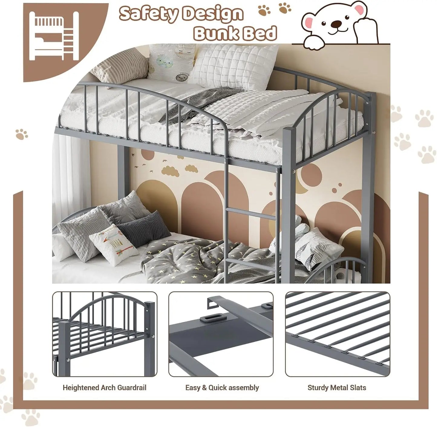 Metal Loft Bed Bunk Beds Twin Over Full Size with Heightened Safety Guardrail & Ladder, for School, Bedroom, Twin Size Grey