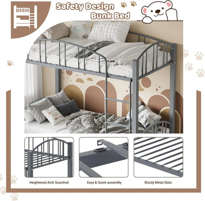 Metal Loft Bed Bunk Beds Twin Over Full Size with Heightened Safety Guardrail & Ladder, for School, Bedroom, Twin Size Grey