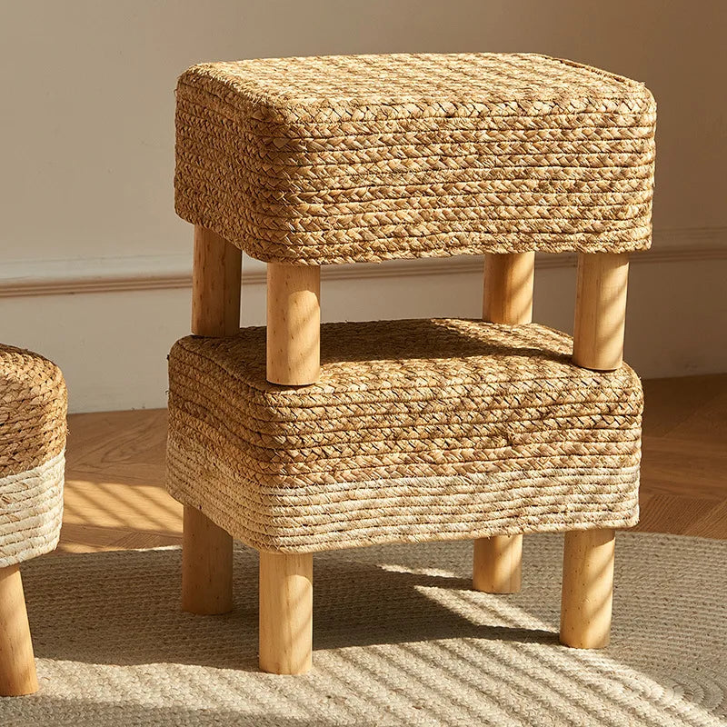 Grass woven stool, rural low stool, rattan woven shoe changing stool, thickened woven seat cushion stool