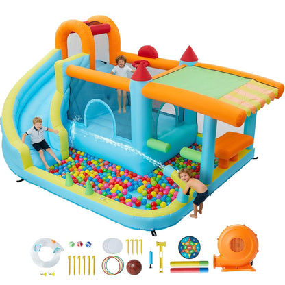 14x10FT Inflatable Bounce House 12-In-1 Wet Dry Water Slide With 450W Blower Kids Jumping Castle For Indoor Outdoor Backyard